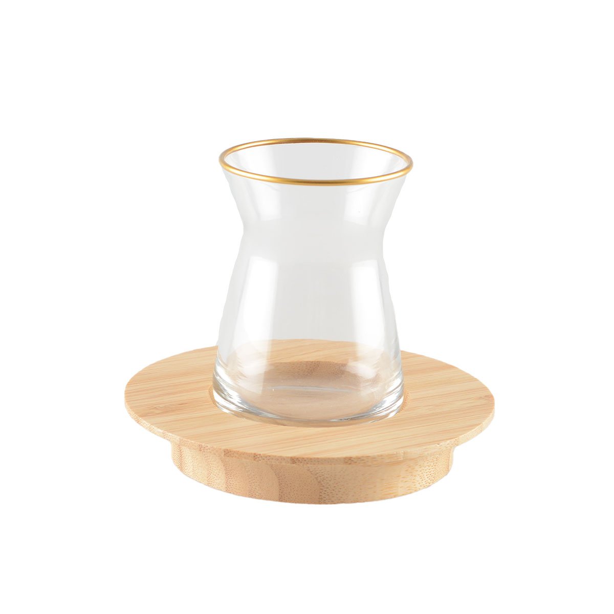 Teetassen Set 6-teilig – orientalische Glasbecher mit goldener Kante & Bambus-Untertasse