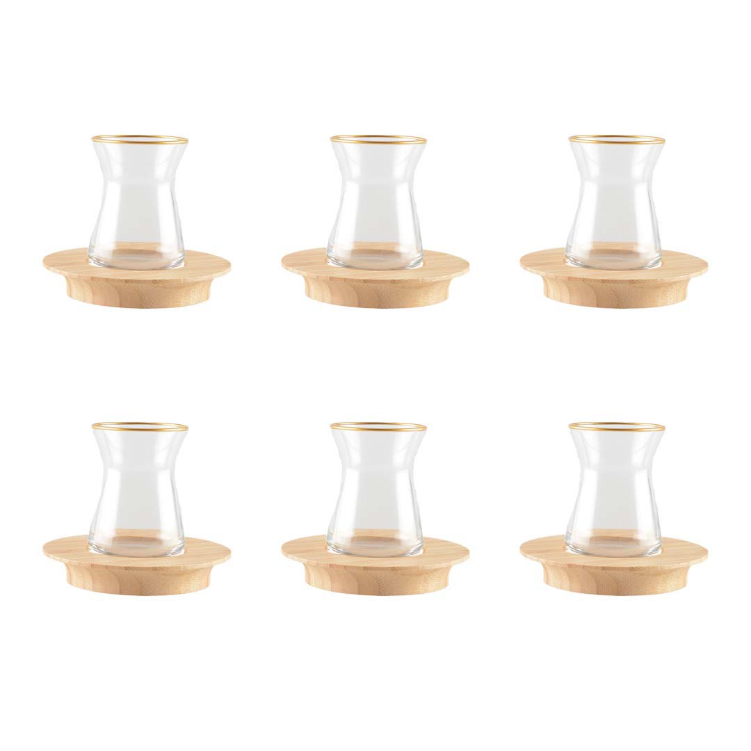 Teetassen Set 6-teilig – orientalische Glasbecher mit goldener Kante & Bambus-Untertasse