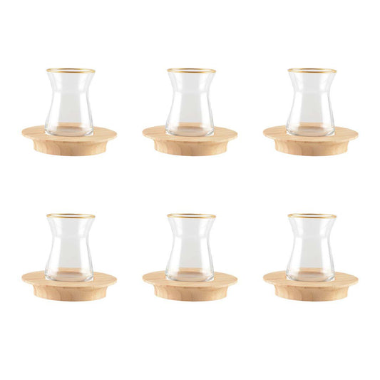 Teetassen Set 6-teilig – orientalische Glasbecher mit goldener Kante & Bambus-Untertasse