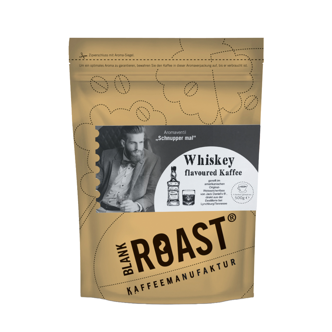Blank Roast Kaffee mit Whiskey Geschmack in brauner Verpackung mit Retro-Design und aromatischem Inhalt
