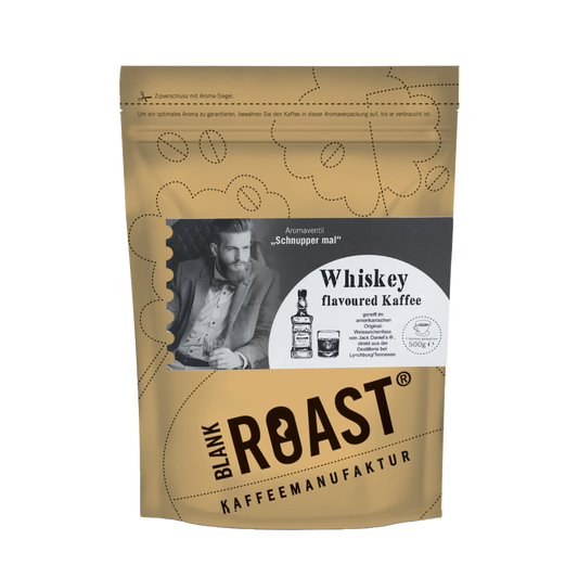 Blank Roast Kaffee mit Whiskey Geschmack in brauner Verpackung mit Retro-Design und aromatischem Inhalt