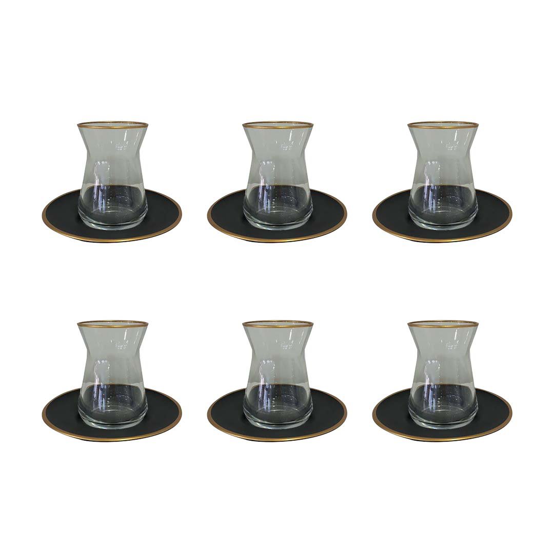 Teetassen Set 6-teilig – Glas Teetassen mit goldener Kante & schwarzer Untertasse