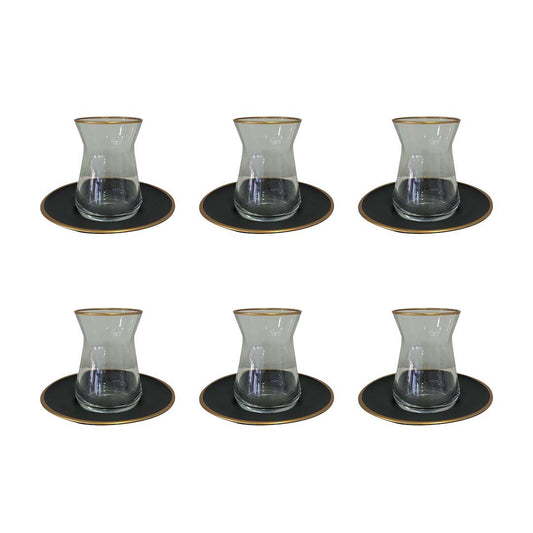 Teetassen Set 6-teilig – Glas Teetassen mit goldener Kante & schwarzer Untertasse
