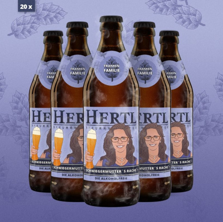 Fünf Flaschen handwerklich gebrautes Bier alkoholfrei von Braumanufaktur Hertl mit individuellem Flaschendesign