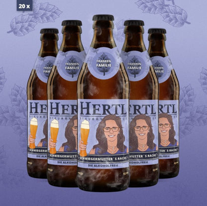 Fünf Flaschen handwerklich gebrautes Bier alkoholfrei von Braumanufaktur Hertl mit individuellem Flaschendesign