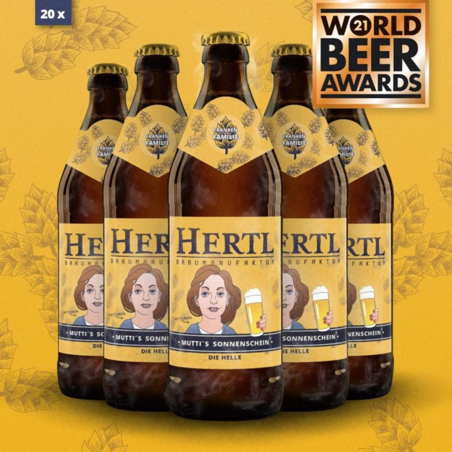 Sechs Flaschen Mutti’s Sonnenschein Helles Bier von Braumanufaktur Hertl mit World Beer Awards Auszeichnung