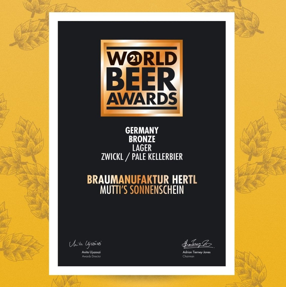 Urkunde der Braumanufaktur Hertl für Mutti’s Sonnenschein Helles beim World Beer Awards 2021