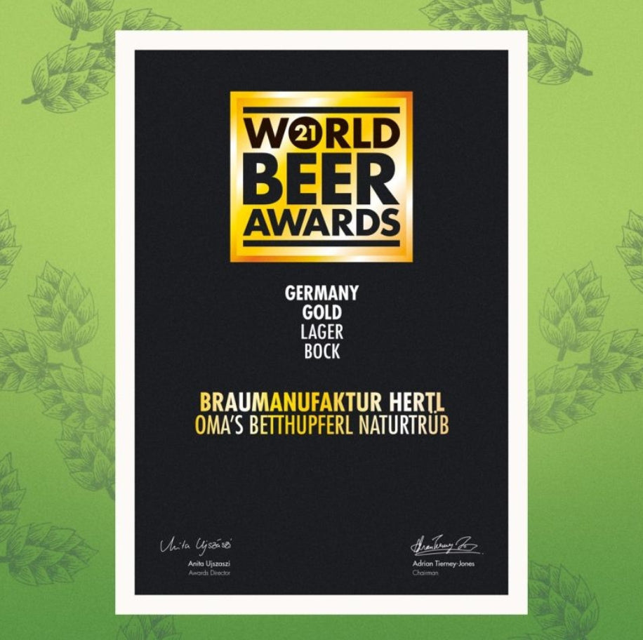 Hertl Oma’s Betthupferl Bier kaufen Auszeichnung World Beer Awards Gold für Lager Bock