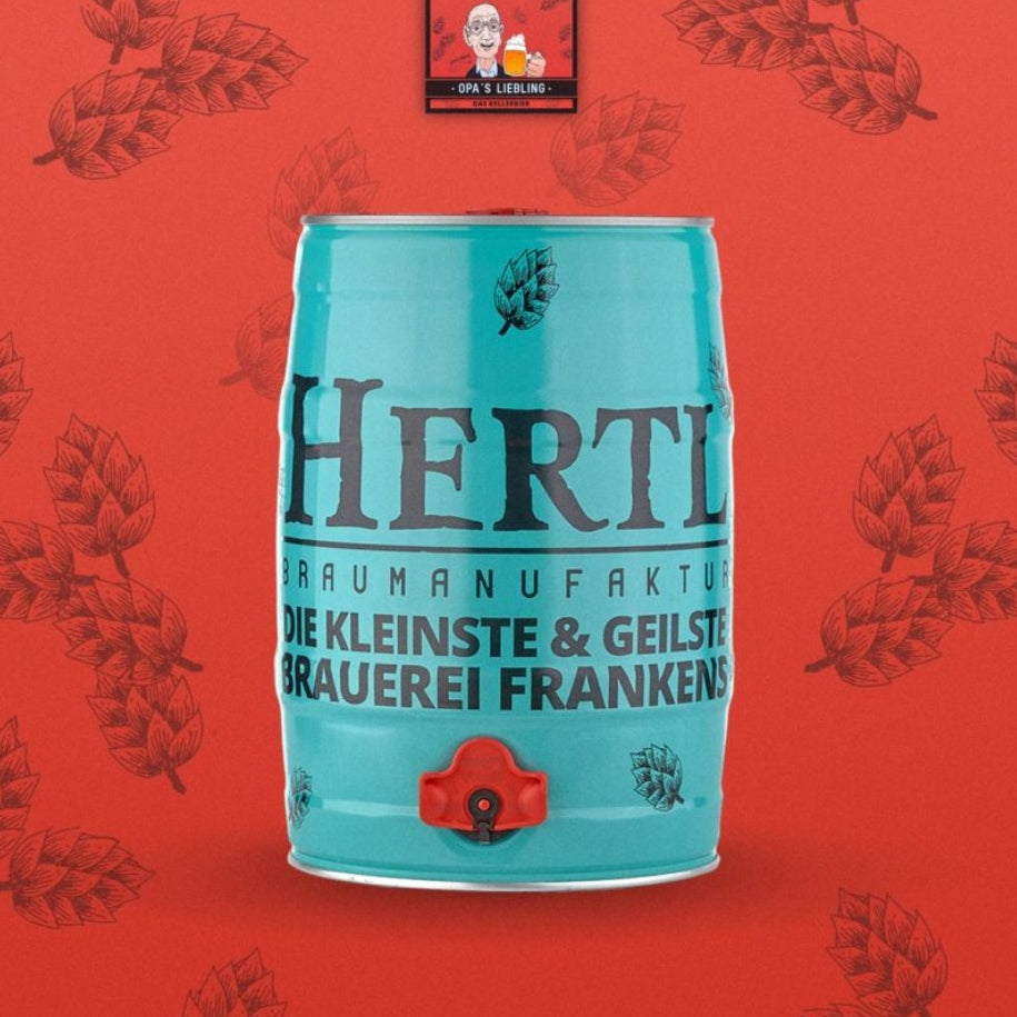 HERTL Opa´s Liebling Bier kaufen Bierausschankfass in türkis von Braumanufaktur Hertl vor rotem Hintergrund