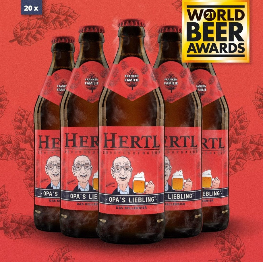 Fünf Flaschen HERTL Opa´s Liebling Bier kaufen mit rotem Etikett und preisgekröntem Design