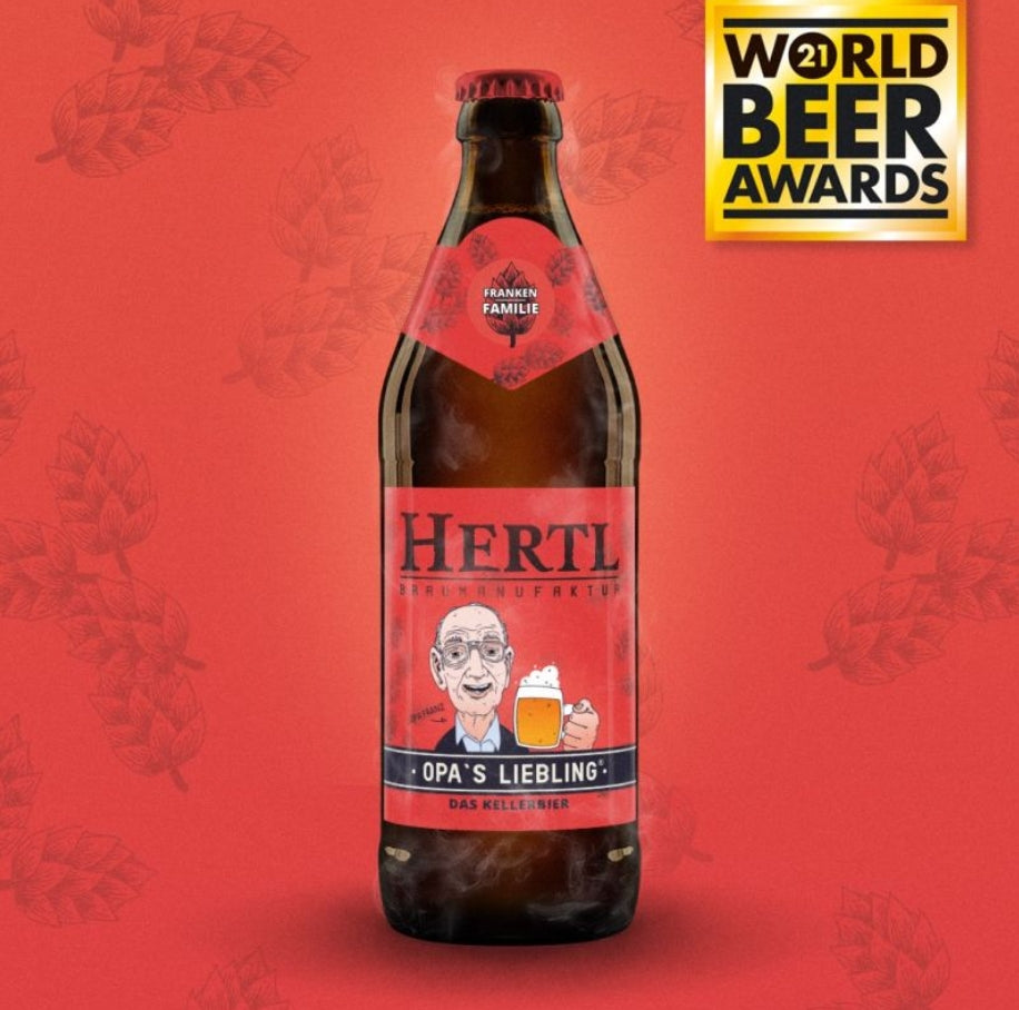 HERTL Opa´s Liebling Bier kaufen Flasche mit rotem Etikett und World Beer Awards Auszeichnung