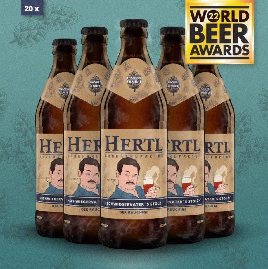 20 Flaschen Schwiegervater's Stolz Rauchbier von Braumanufaktur Hertl mit Auszeichnung World Beer Awards