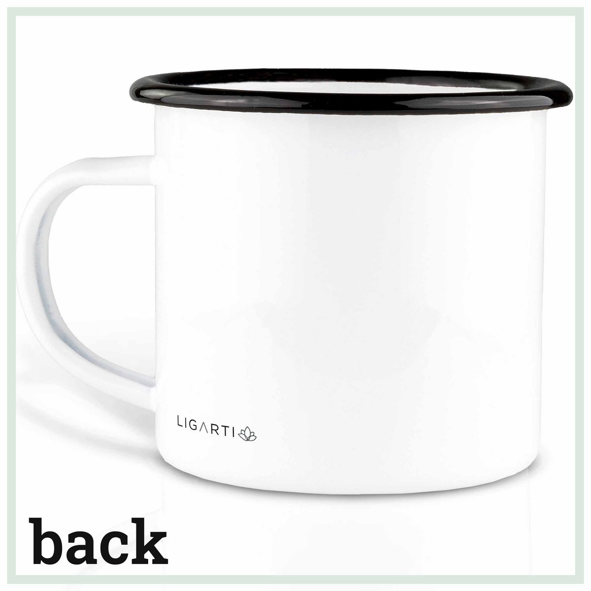 Weiße Emaille Tasse Yogibär von LIGARTI mit schwarzem Rand und schlichtem Design