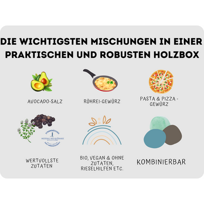 Reise Gewürzset kaufen mit Avocado-Salz, Rührei-Gewürz und Pasta Pizza Gewürz in robuster Holzbox