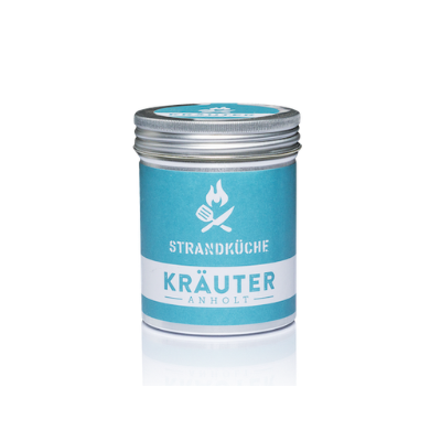 Reise Gewürzset kaufen mit Strandküche Kräuter Anholt, blaues Gewürzglas mit Metallschraubverschluss