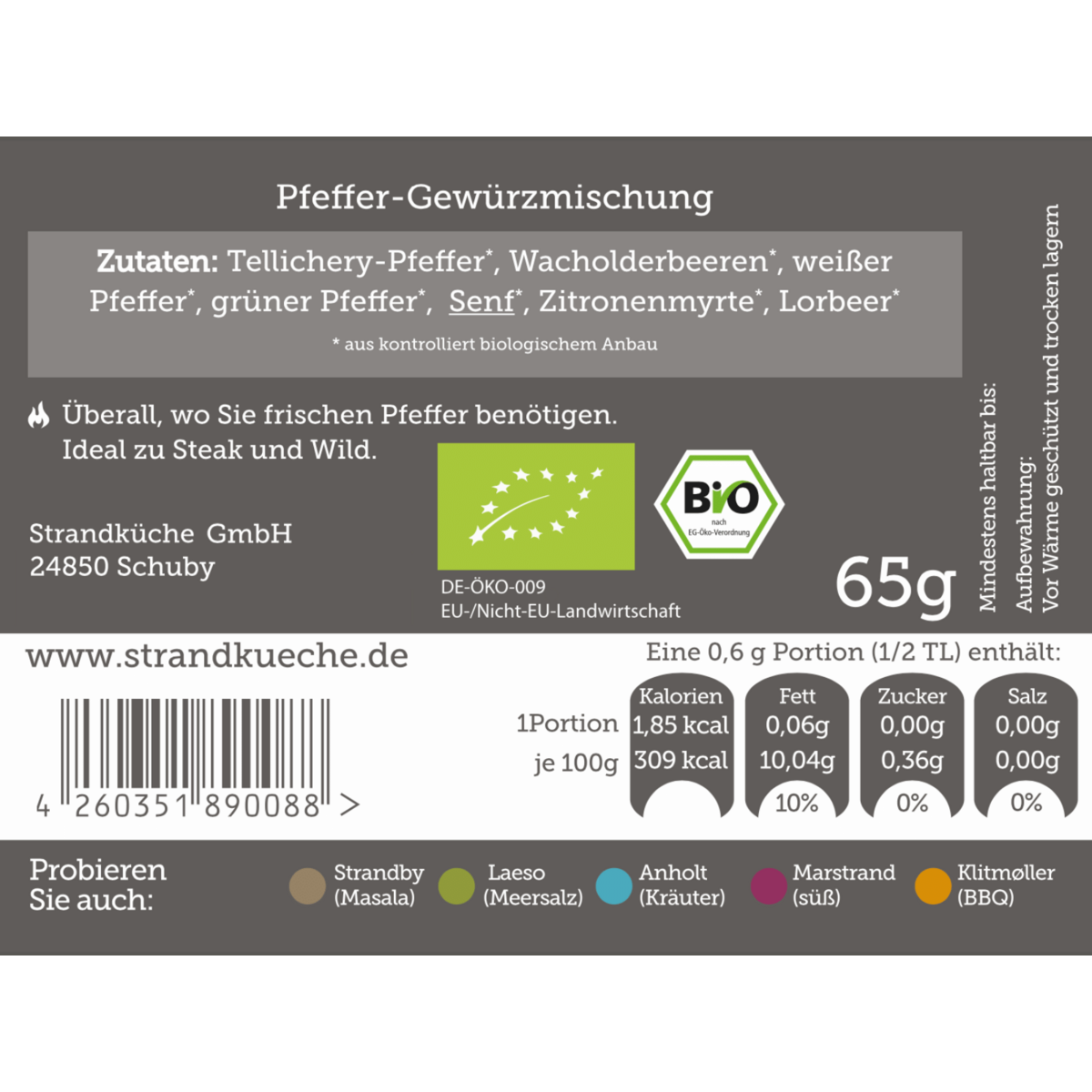 Reise Gewürzset kaufen mit Pfeffer-Gewürzmischung von Strandküche in Bio-Qualität für Steak und Wild
